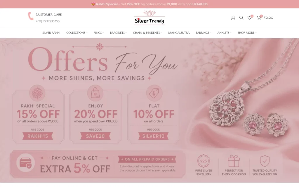 Silvertrendy store home page showing current offers