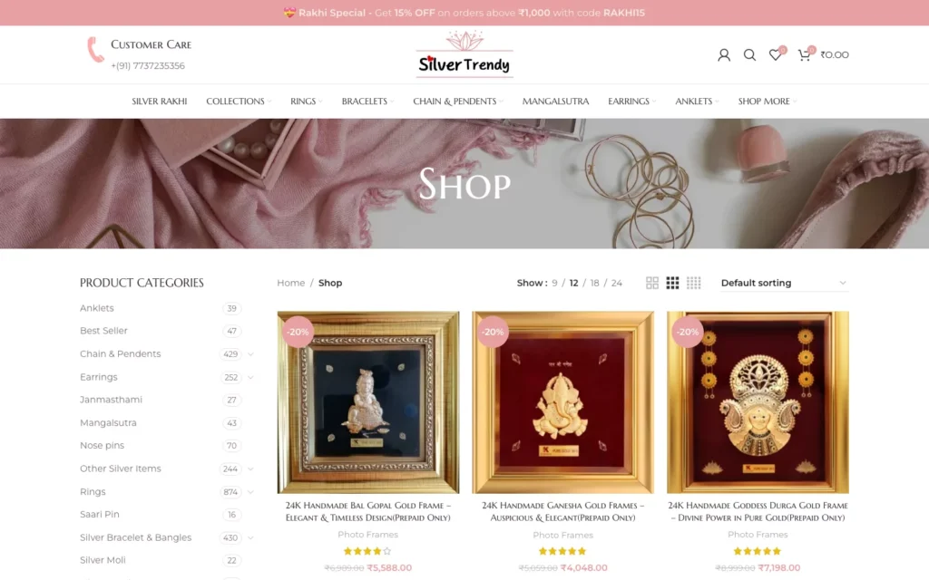Silvertrendy shop page with product categories and filters